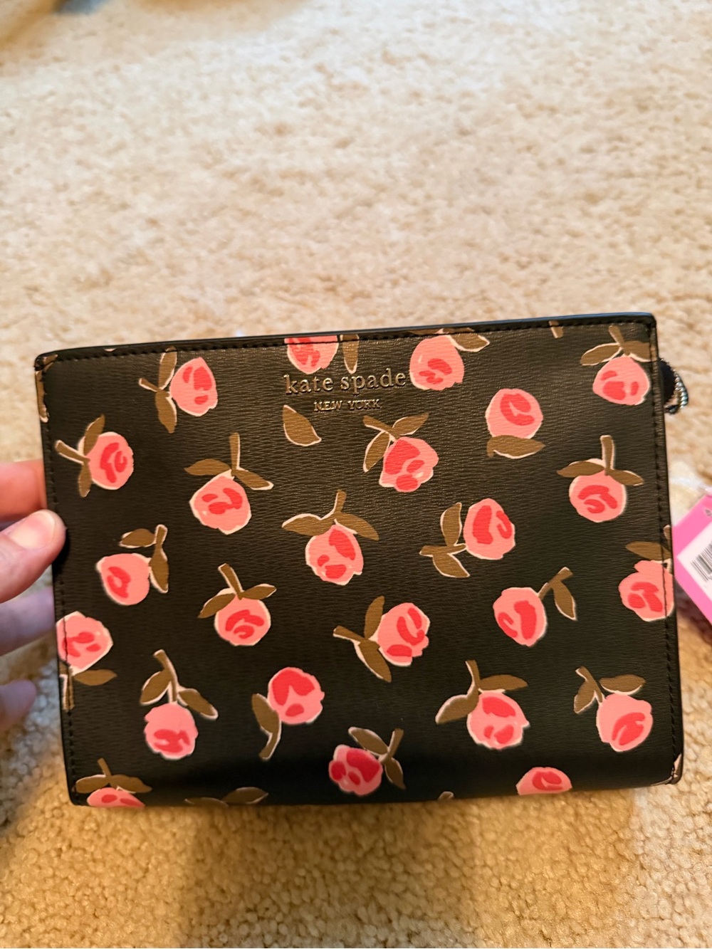 kate spade Black Floral Zip Wristlet with Pink Roses